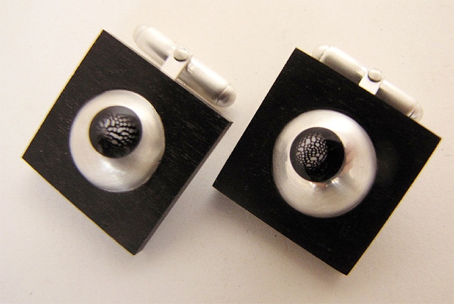 Cufflink Ebony, silver domes with Zebra shells : $75