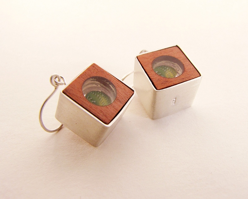 Earrings Silver, Pink Ivory wood and Emerald Nerite